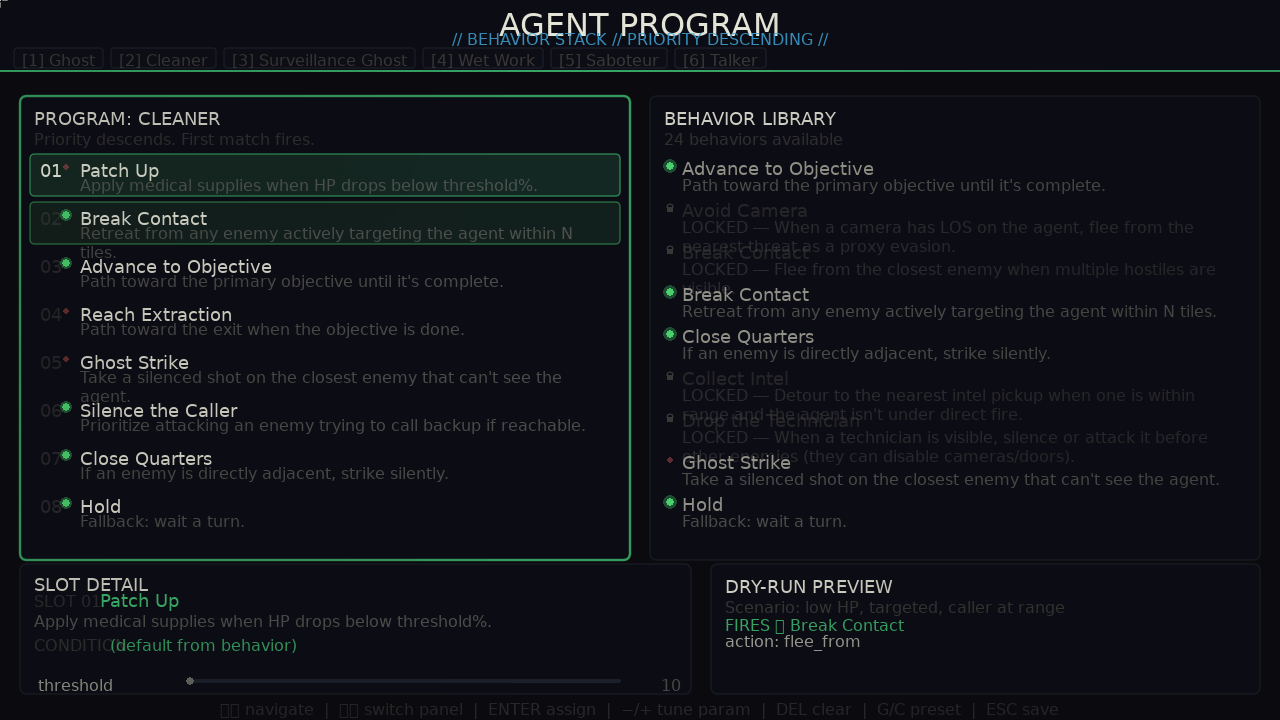 Agent program editor — doctrine slots and behavior library