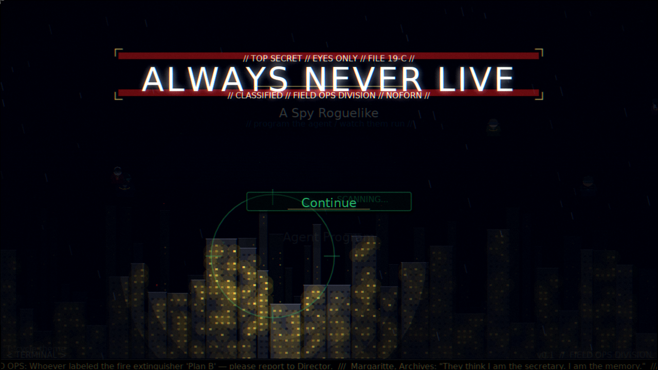 Always Never Live main menu — top secret, field ops division